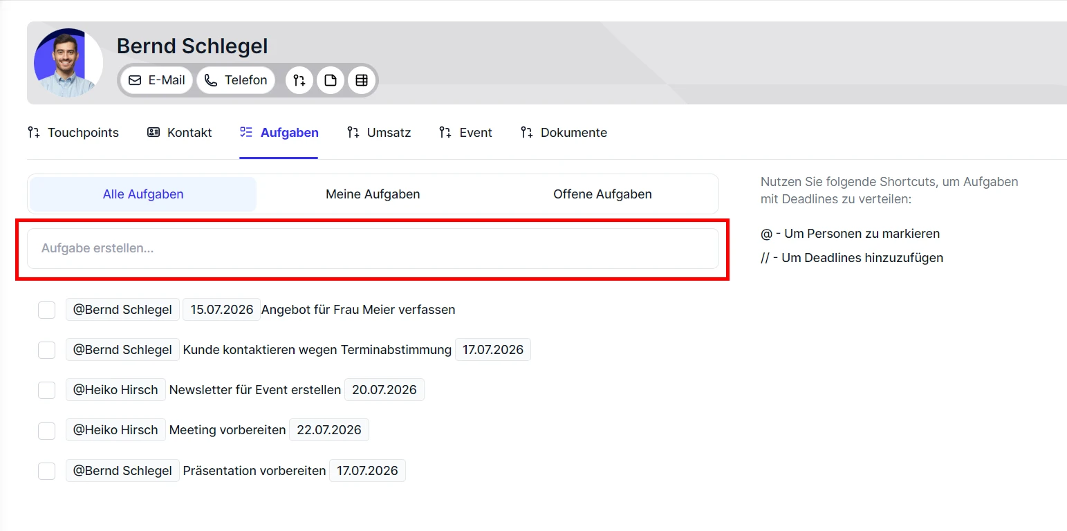 CRM Cloud Aufgaben Detailansicht Aufgabe erstellen