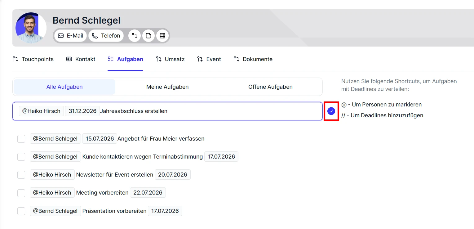 CRM Cloud Aufgaben Detailansicht Aufgabe erstellen Beispiel