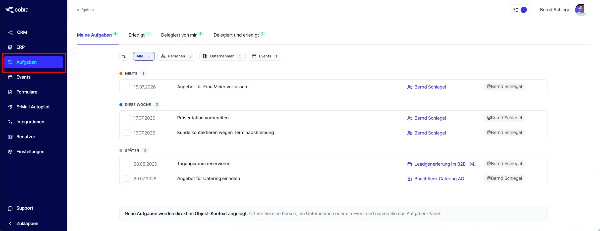 CRM Cloud Aufgaben Uebersicht