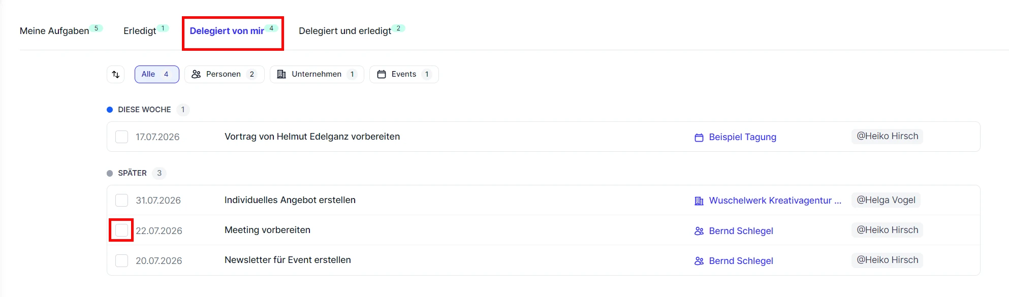 CRM Cloud Aufgaben Uebersicht Markieren erledigt