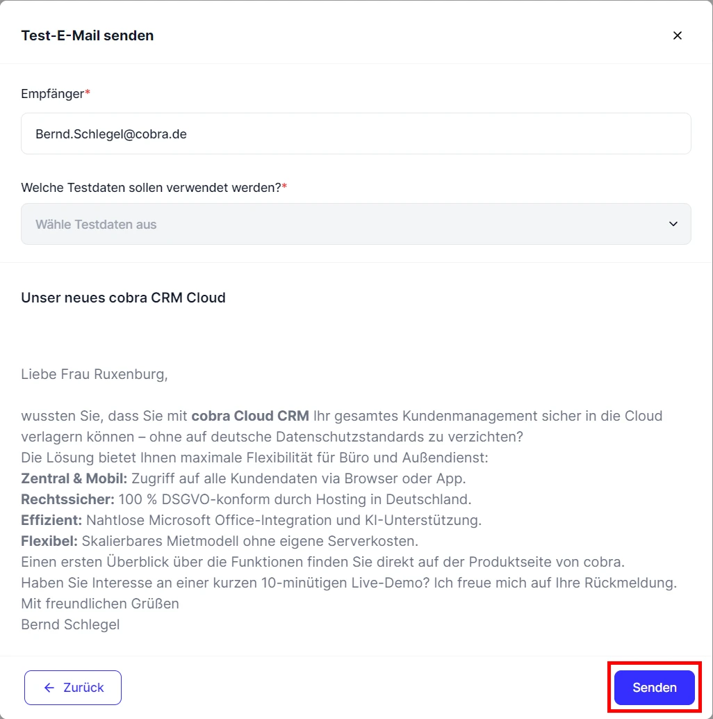 People E-Mail versenden Vorlage mehrere Empfaenger Test-E-Mail