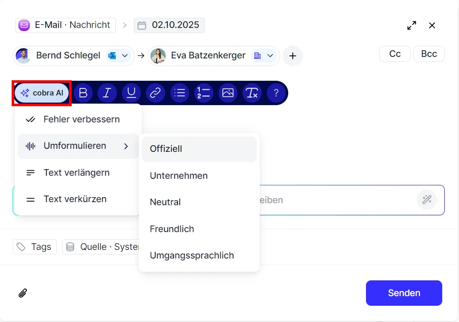 People E-Mail verfassen cobra AI Nachricht