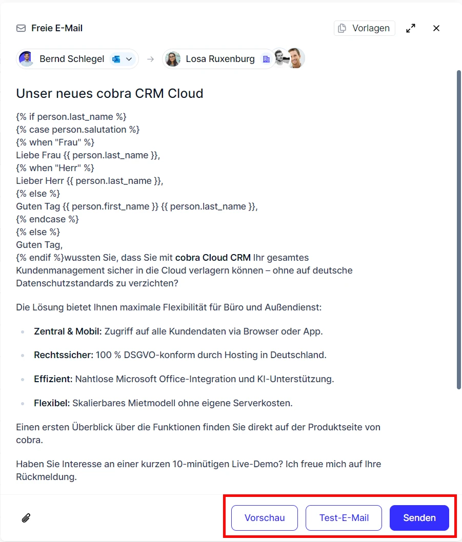 People E-Mail versenden Vorlage mehrere Empfaenger Vorschau Test-E-Mail Senden