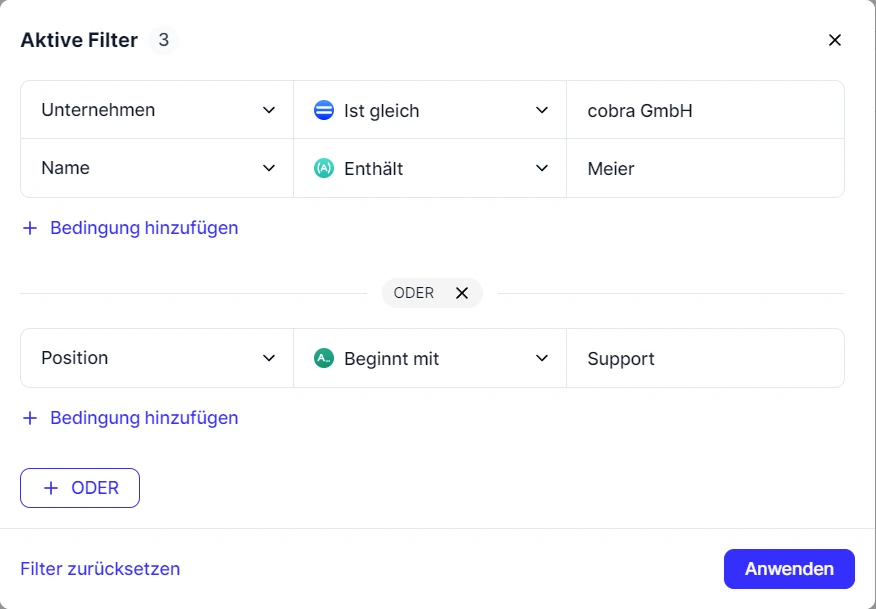 CRM Cloud Filter erstellen komplexes Beispiel mehrere Filter