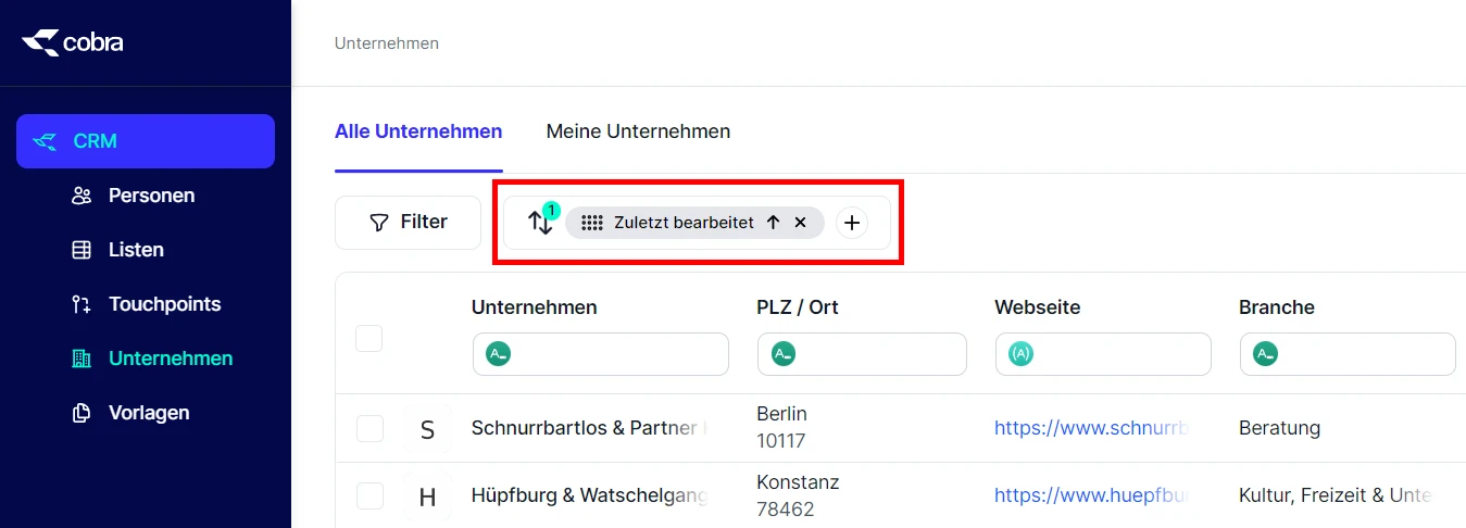 CRM Cloud Sortierung erstellen Beispiel