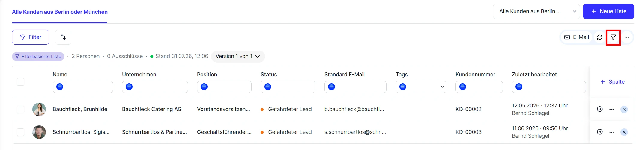 CRM Cloud Liste Filter Uebersicht