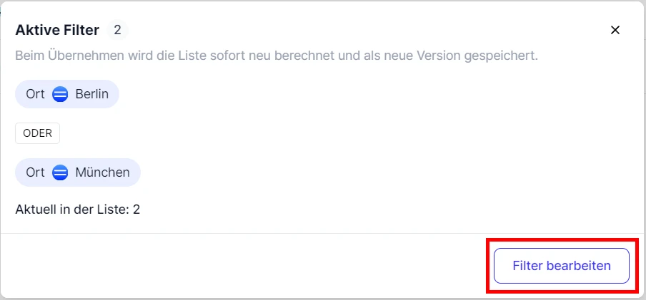 CRM Cloud Liste Filter Aktive Filter