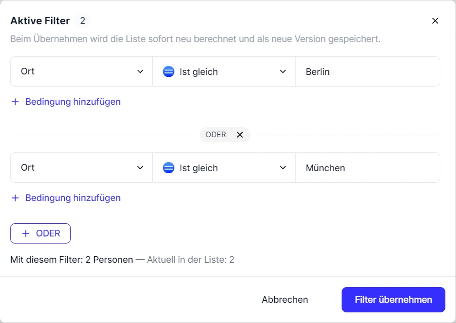 CRM Cloud Liste Filter Aktive Filter Bearbeiten