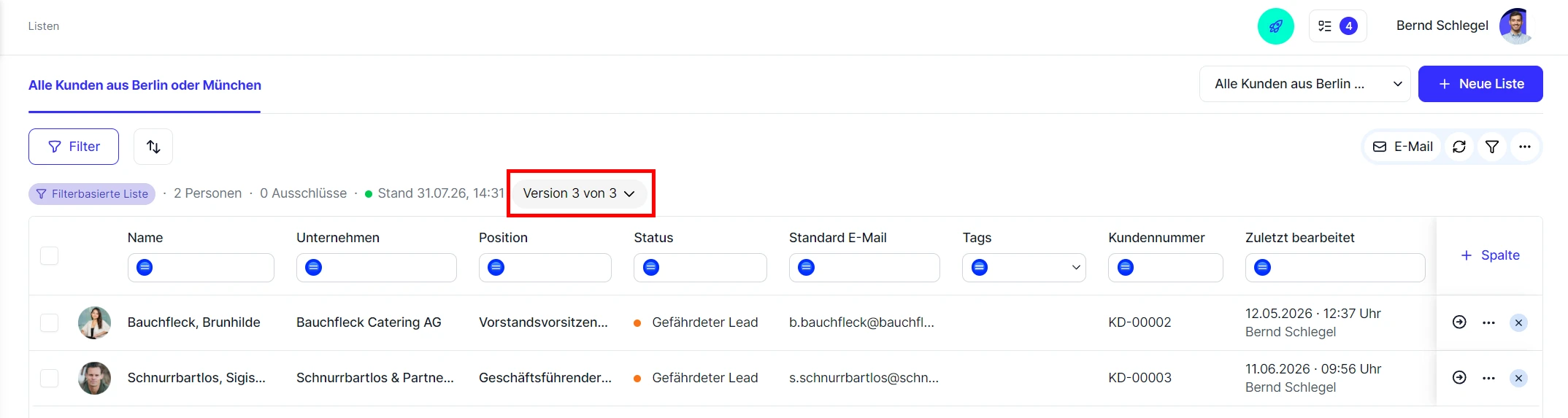 CRM Cloud Liste Filter Version