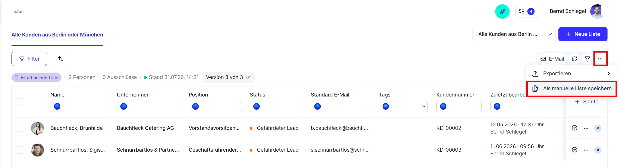 CRM Cloud Liste Filter speichern manuelle Liste