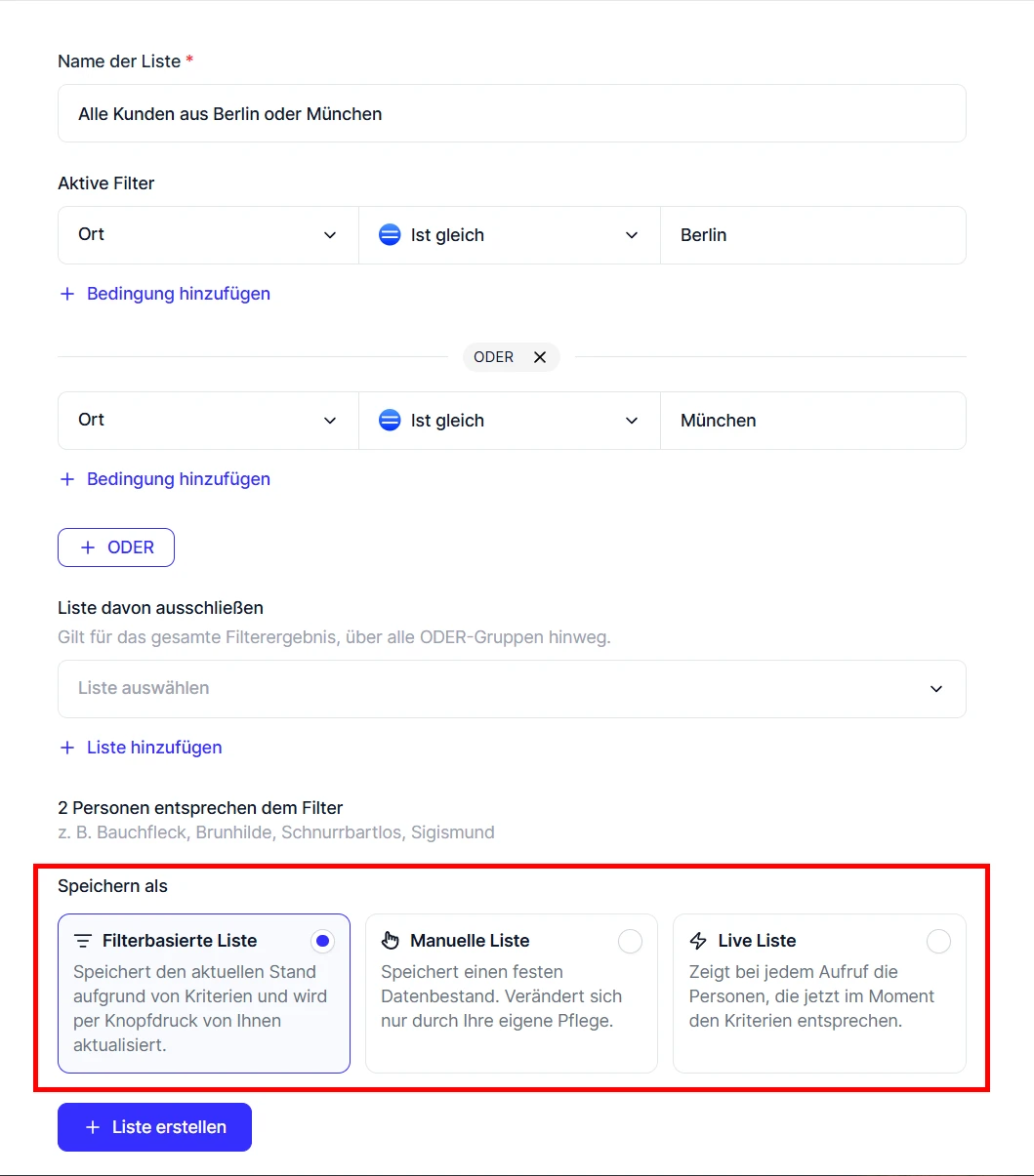 CRM Cloud Liste Speichern als Auswahl