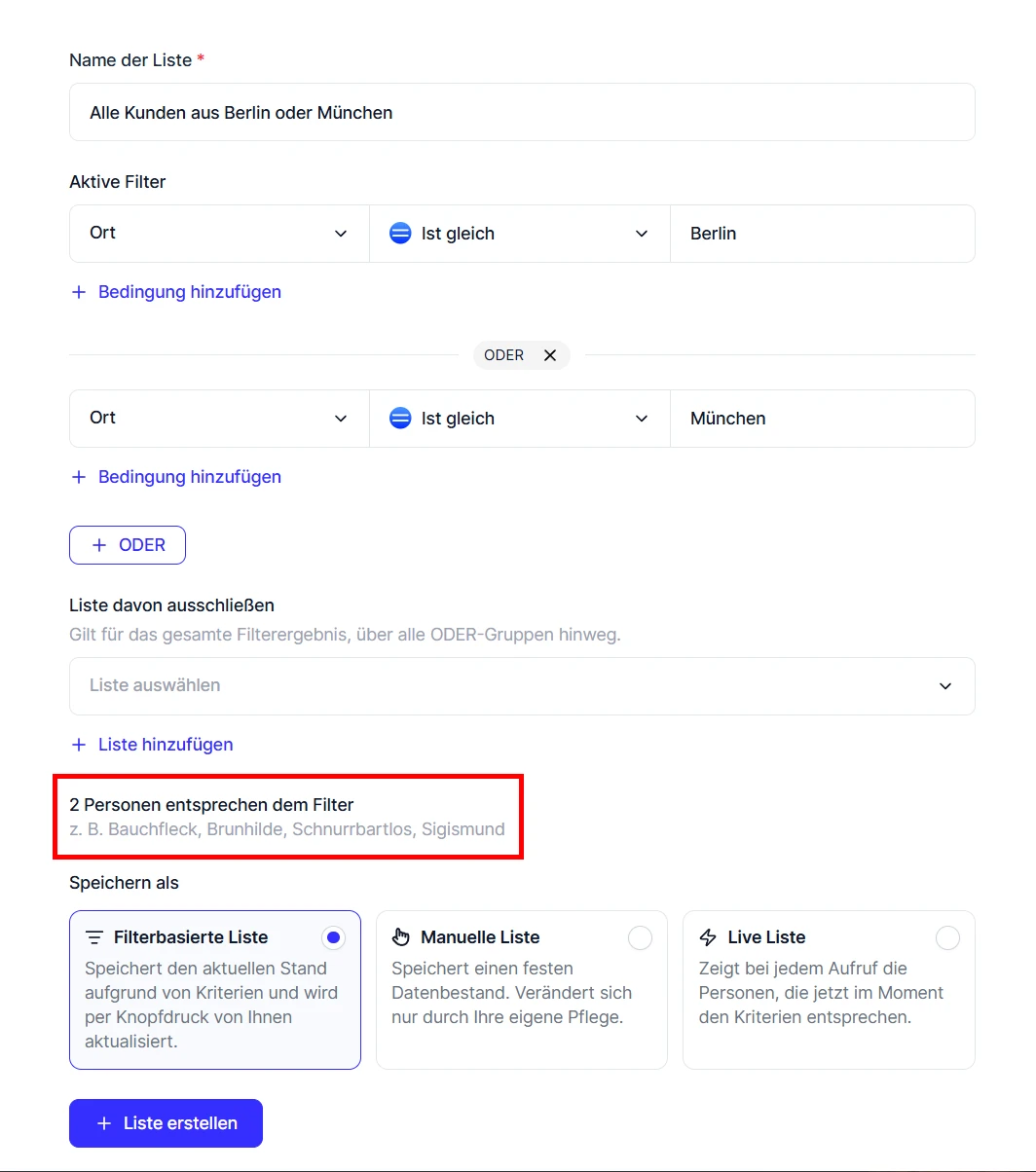 CRM Cloud Liste Filter Trefferzahl