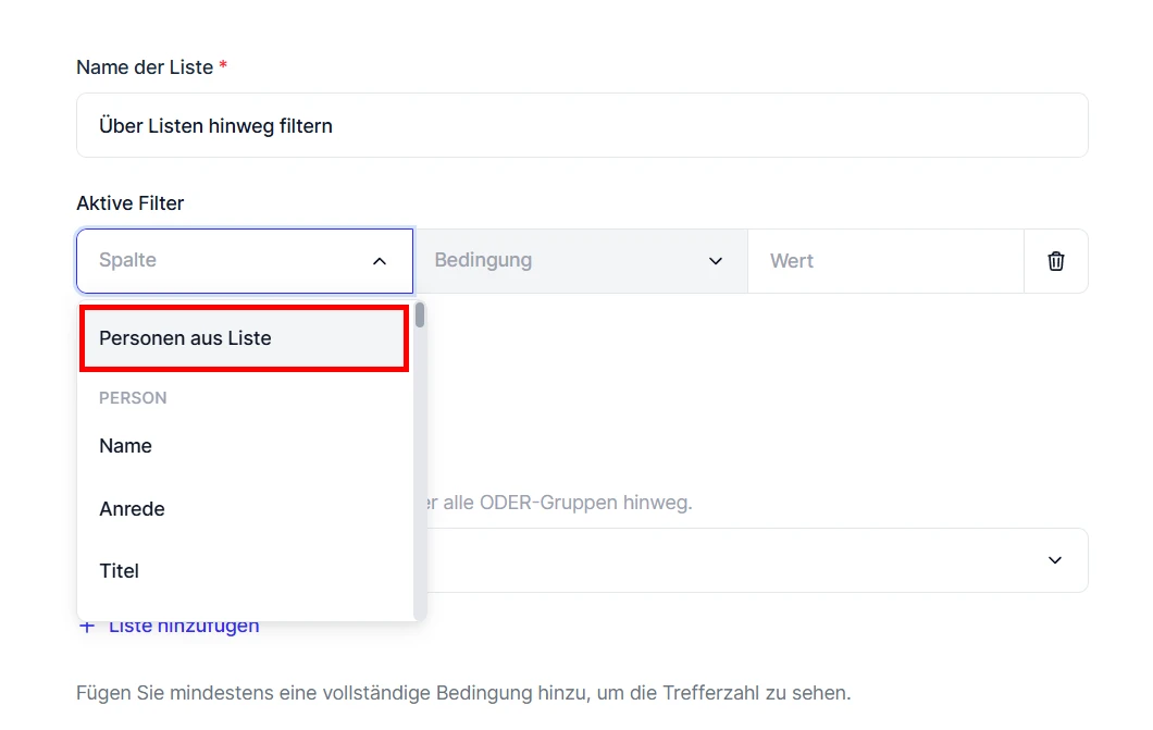 CRM Cloud Liste Filter Spalte Personen aus Liste