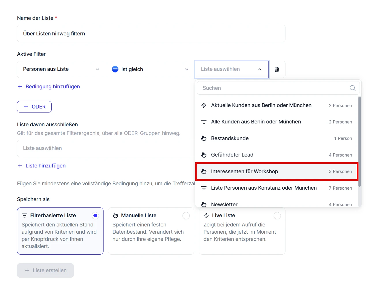 CRM Cloud Liste Filter Listenauswahl