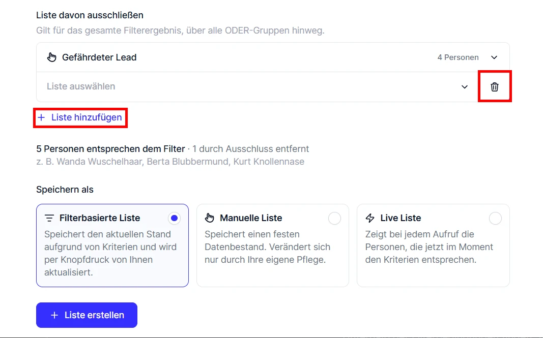 CRM Cloud Liste Filter Liste davon ausschliessen
