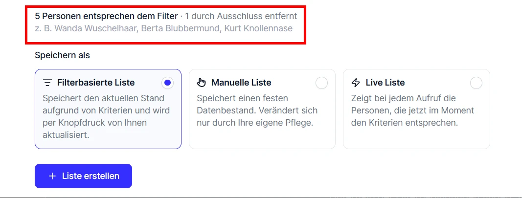 CRM Cloud Liste Filter Trefferzahl mit Ausschluss