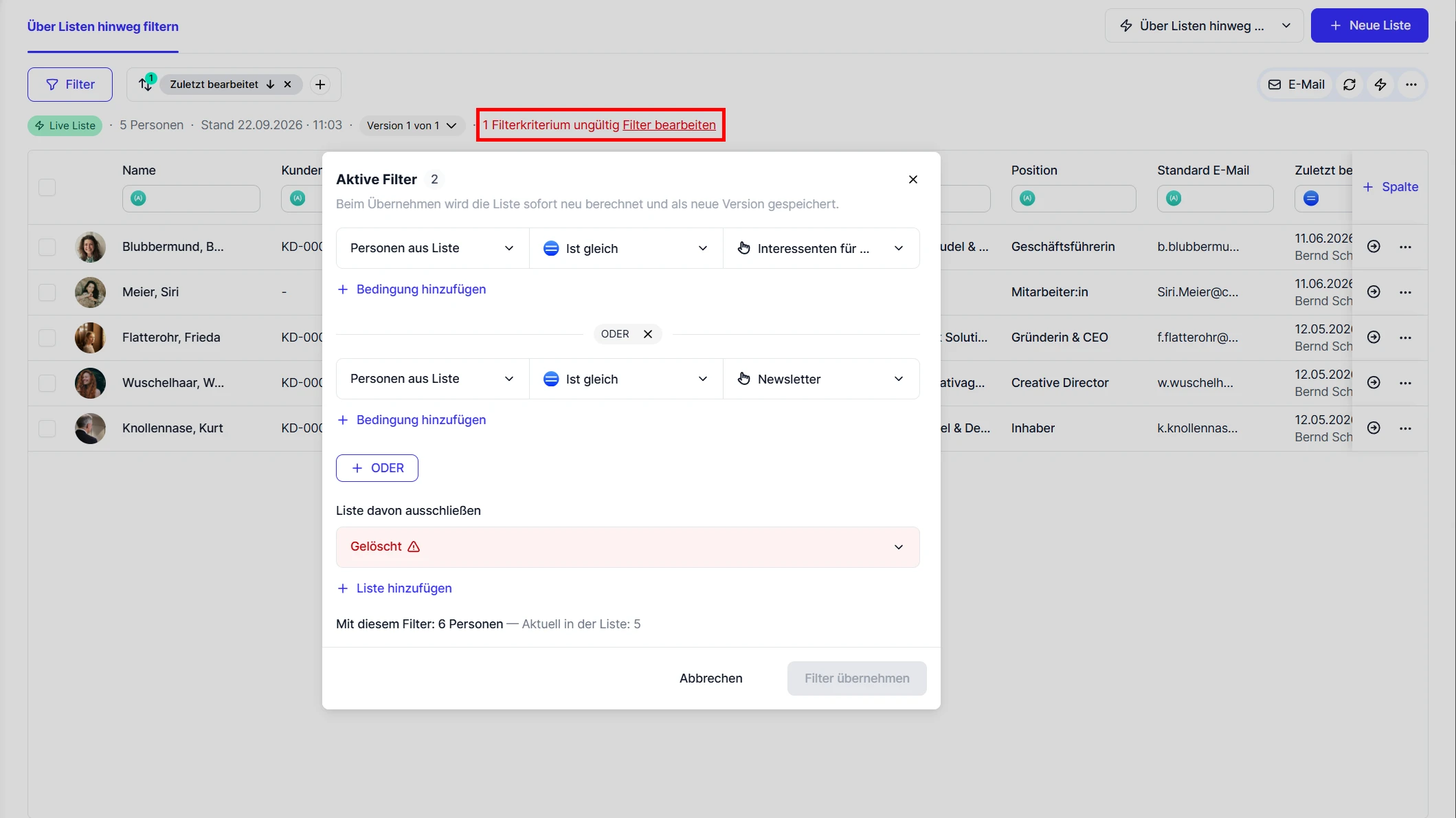 CRM Cloud Liste Filter geloeschte Liste markiert