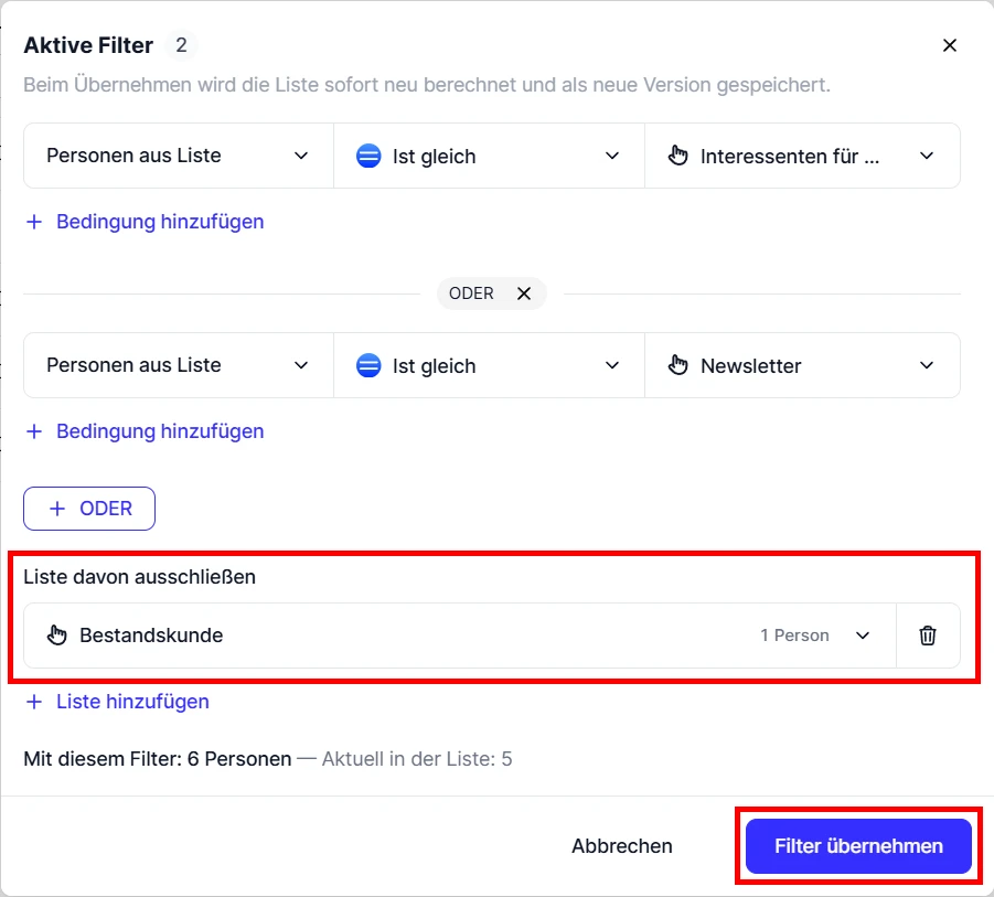 CRM Cloud Liste Filterkriterium ungueltig Hinweis