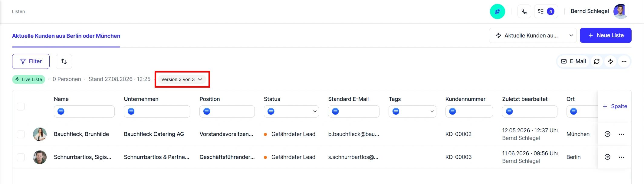 CRM Cloud Liste Live Version