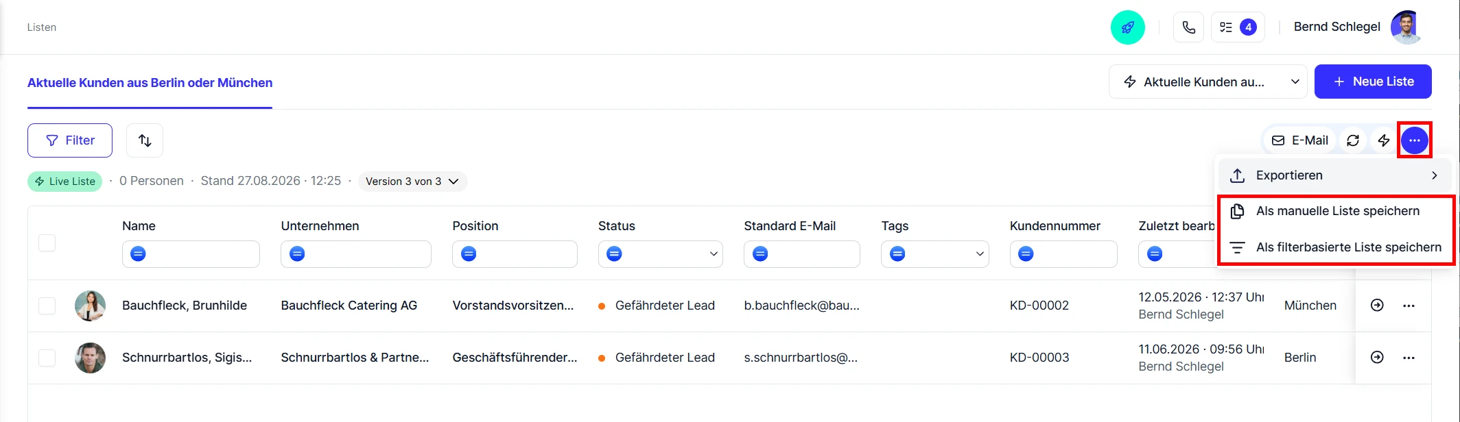 CRM Cloud Liste Live speichern manuelle filterbasierte Liste
