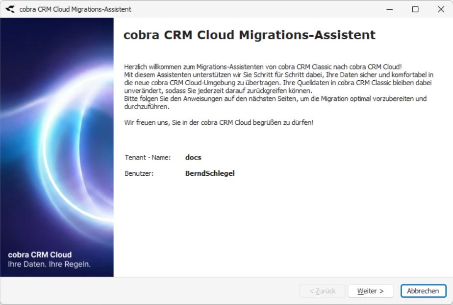 CRM Cloud cobra One Cloud CRM Cloud Migrations-Assistent Start