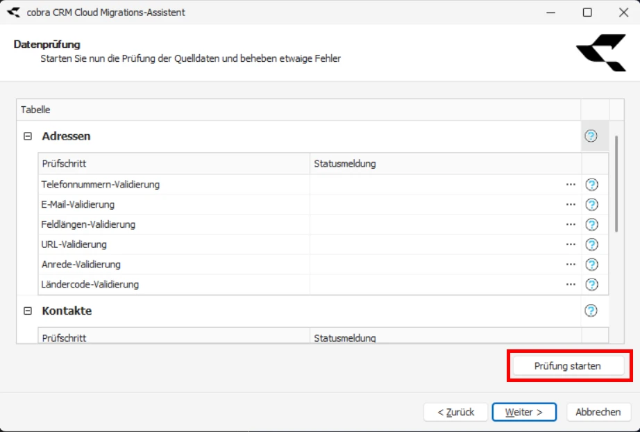 CRM Cloud cobra One Cloud CRM Cloud Migrations-Assistent Datenpruefung starten