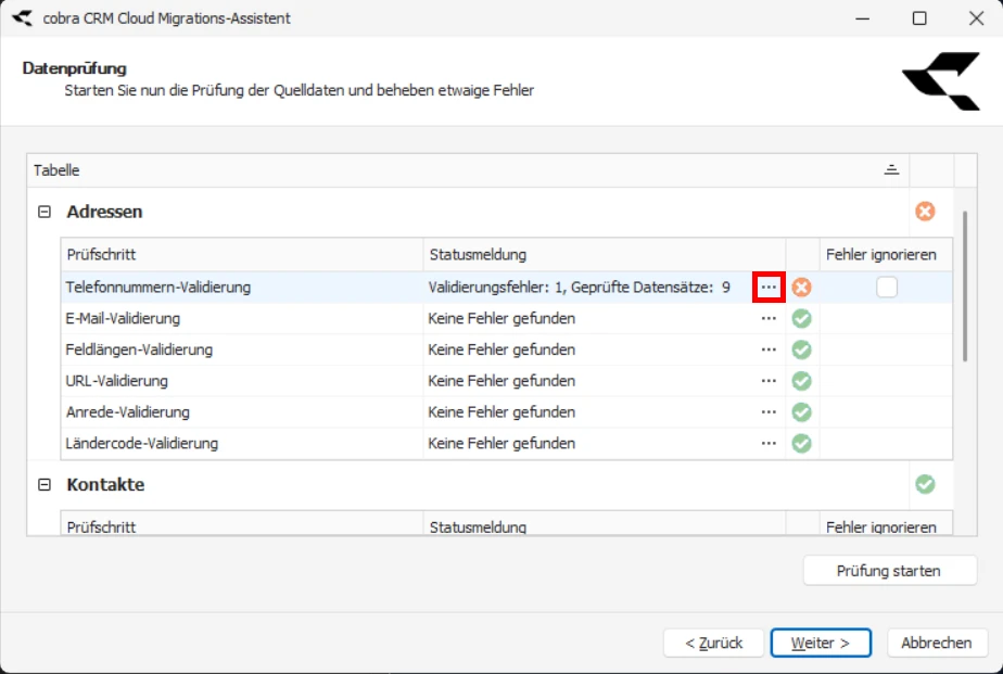 CRM Cloud cobra One Cloud CRM Cloud Migrations-Assistent Datenpruefung Fehler
