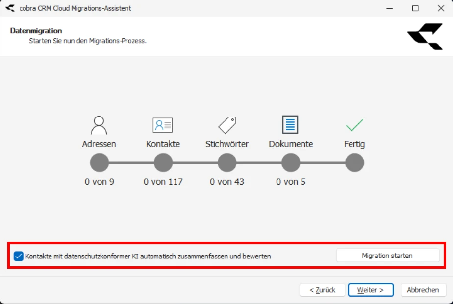 CRM Cloud cobra One Cloud CRM Cloud Migrations-Assistent Datenmigration Starten