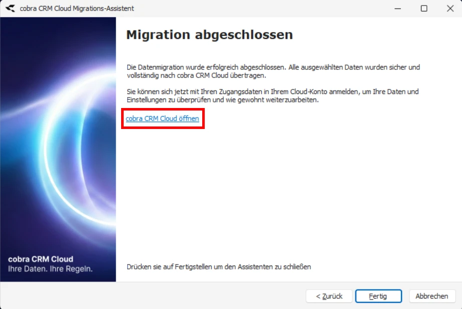 CRM Cloud cobra One Cloud CRM Cloud Migrations-Assistent Datenmigration erfolgreich CRM Cloud