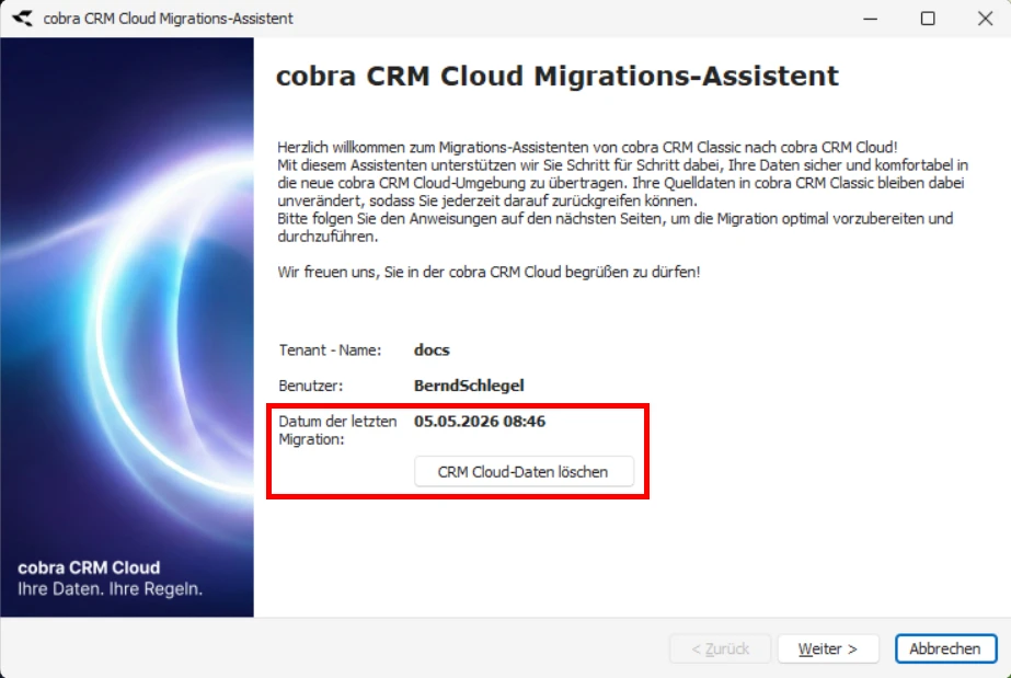 CRM Cloud cobra One Cloud CRM Cloud Migrations-Assistent Datenmigration CRM Cloud loeschen