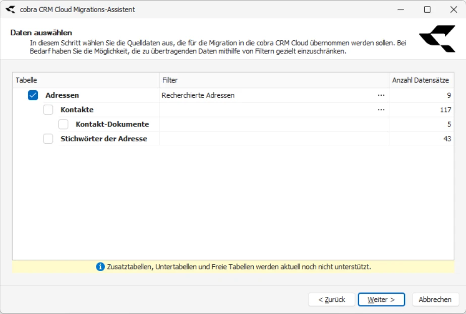 CRM Cloud cobra One Cloud CRM Cloud Migrations-Assistent Daten auswaehlen