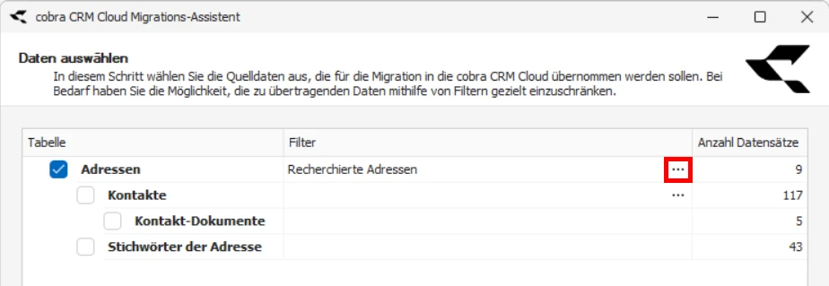 CRM Cloud cobra One Cloud CRM Cloud Migrations-Assistent Daten auswaehlen Adresse Filtern