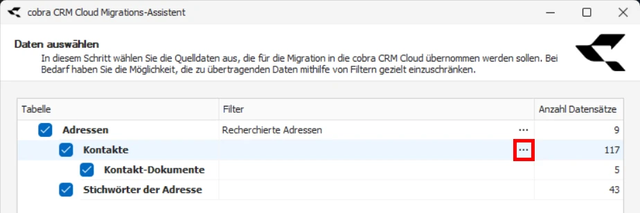 CRM Cloud cobra One Cloud CRM Cloud Migrations-Assistent Daten auswaehlen Kontakte Filtern