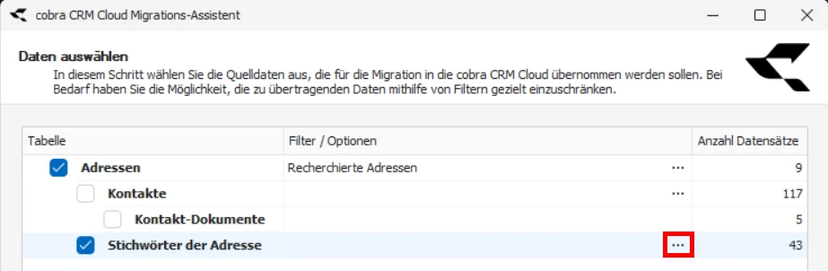 CRM Cloud cobra One Cloud CRM Cloud Migrations-Assistent Daten auswaehlen Stichwoerter Optionen