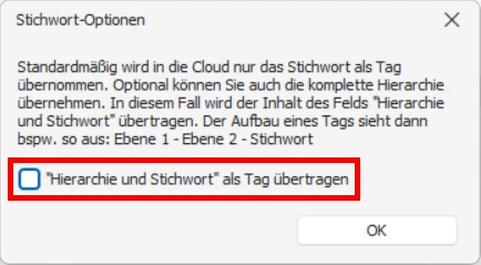 CRM Cloud cobra One Cloud CRM Cloud Migrations-Assistent Daten auswaehlen Stichwoerter Optionen Hierarchie Stichwort