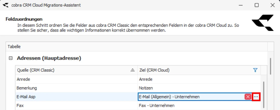 CRM Cloud cobra One Cloud CRM Cloud Migrations-Assistent Feldzuordnungen bearbeiten