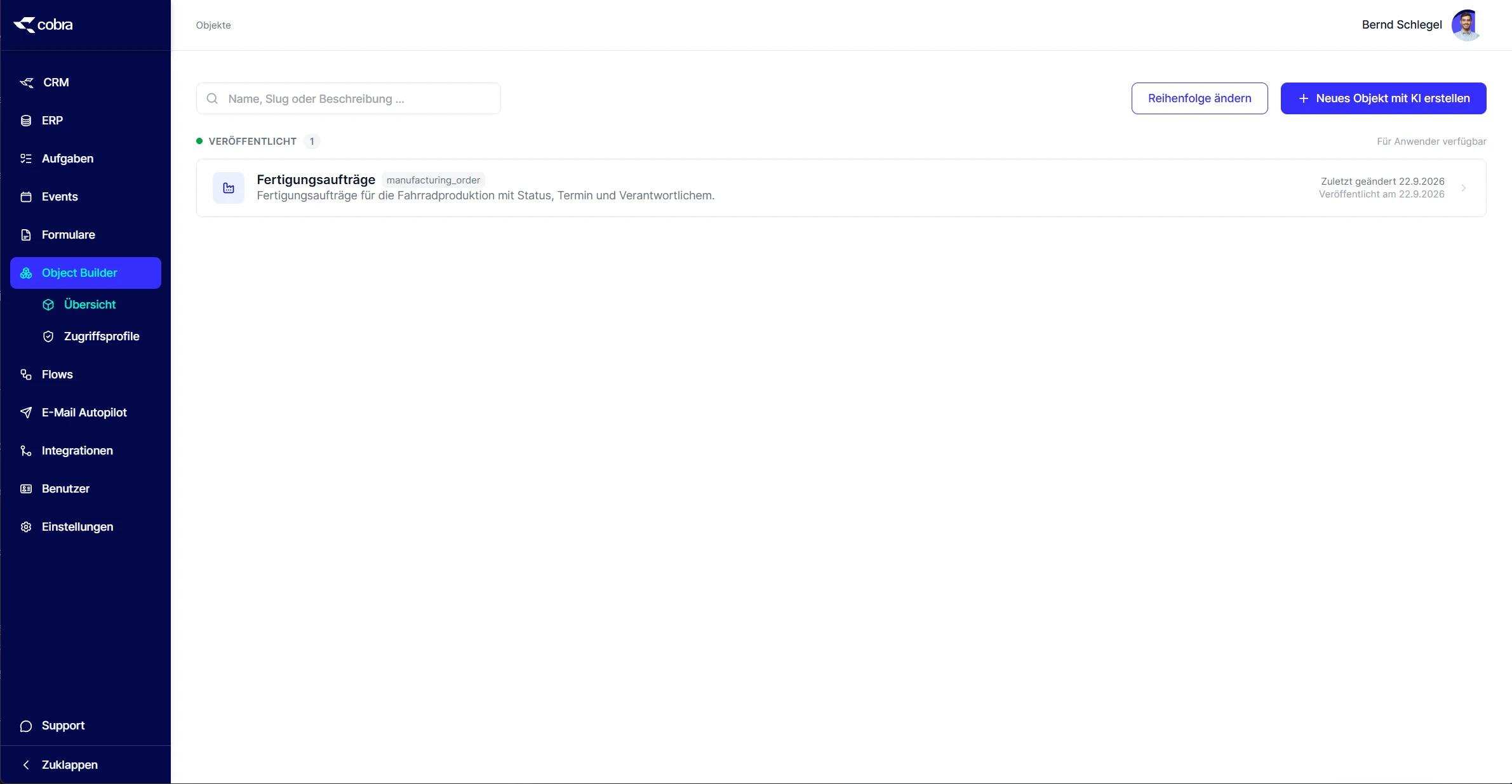 Object Builder Übersicht mit veroeffentlichtem Objekt
