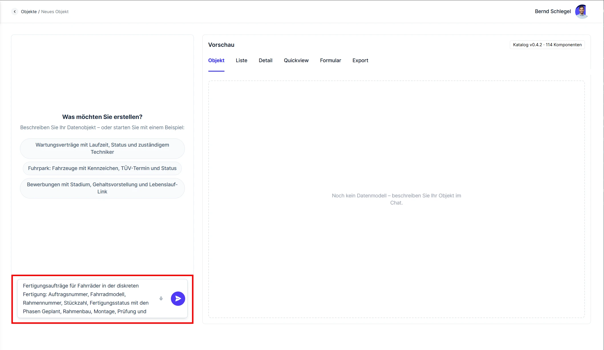 Object Builder Chat zum Anlegen eines neuen Objekts mit Beispielen