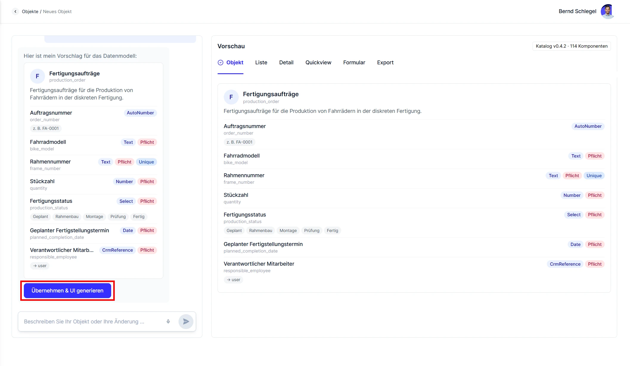 Object Builder Vorschlag für das Datenmodell Fertigungsaufträge