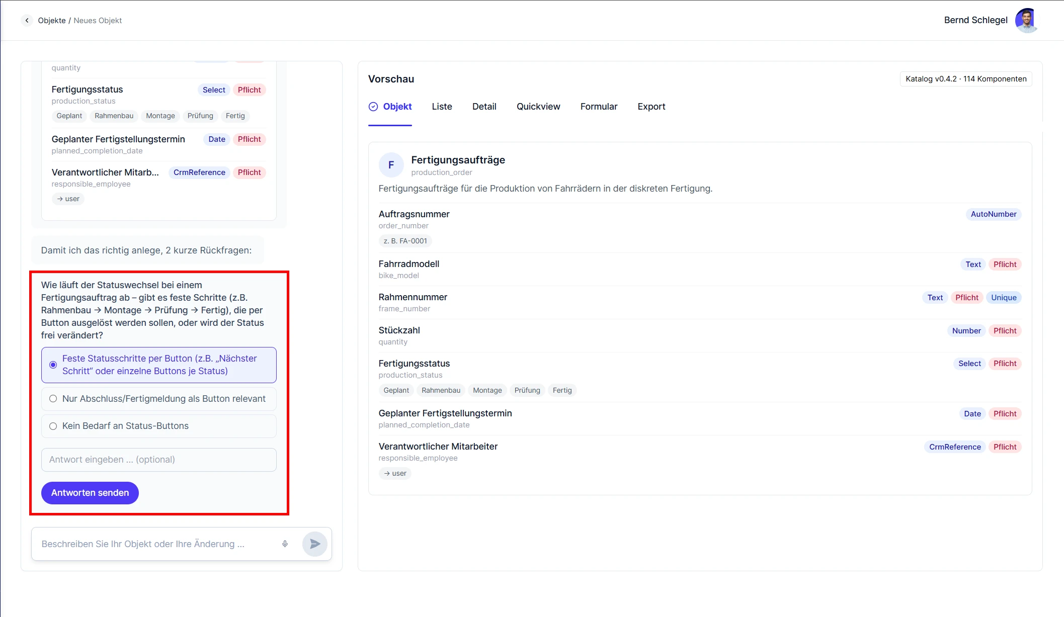 Object Builder Rückfragen zum Fertigungsauftrag