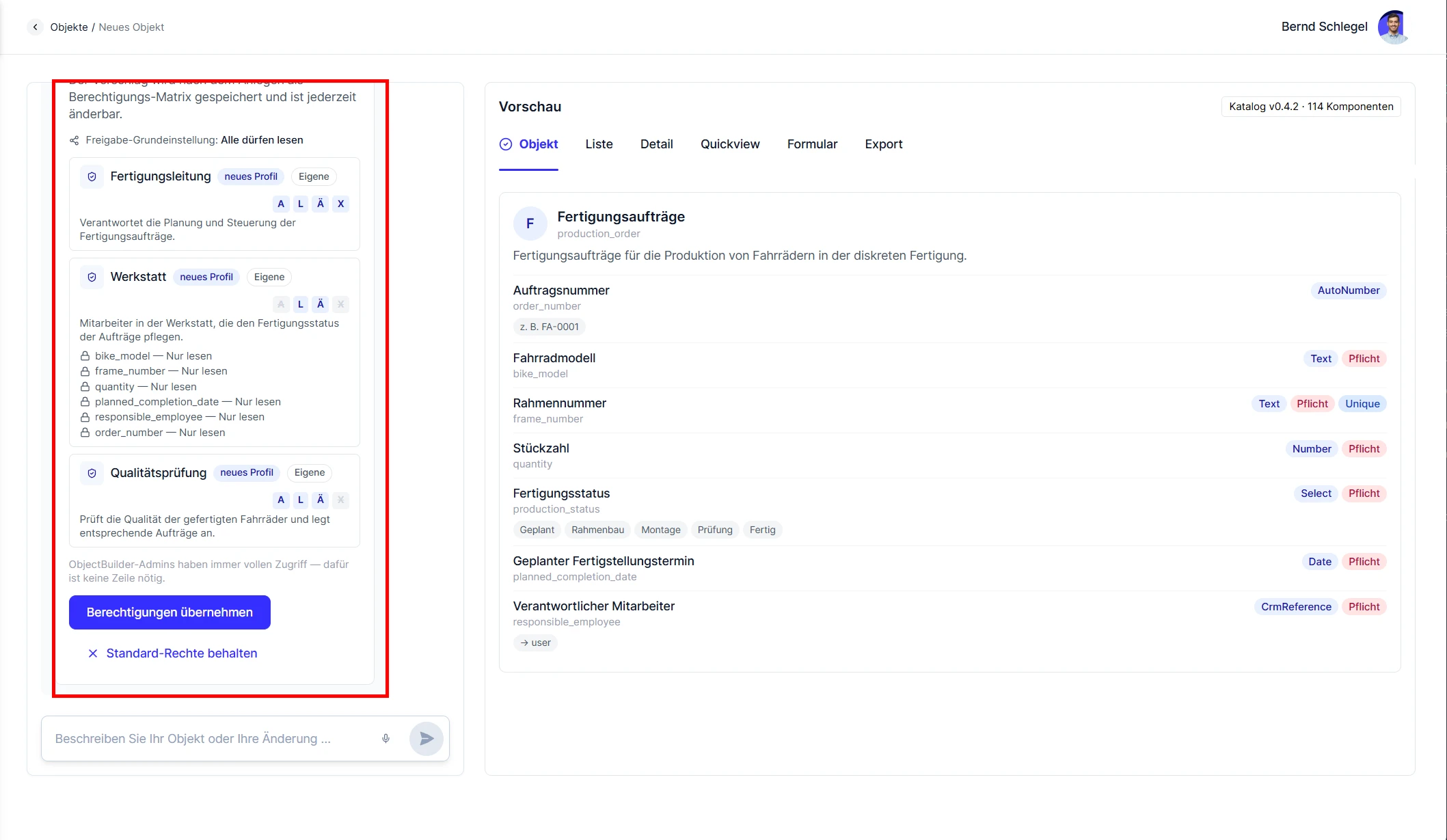Object Builder Vorschlag für die Berechtigungen je Rolle