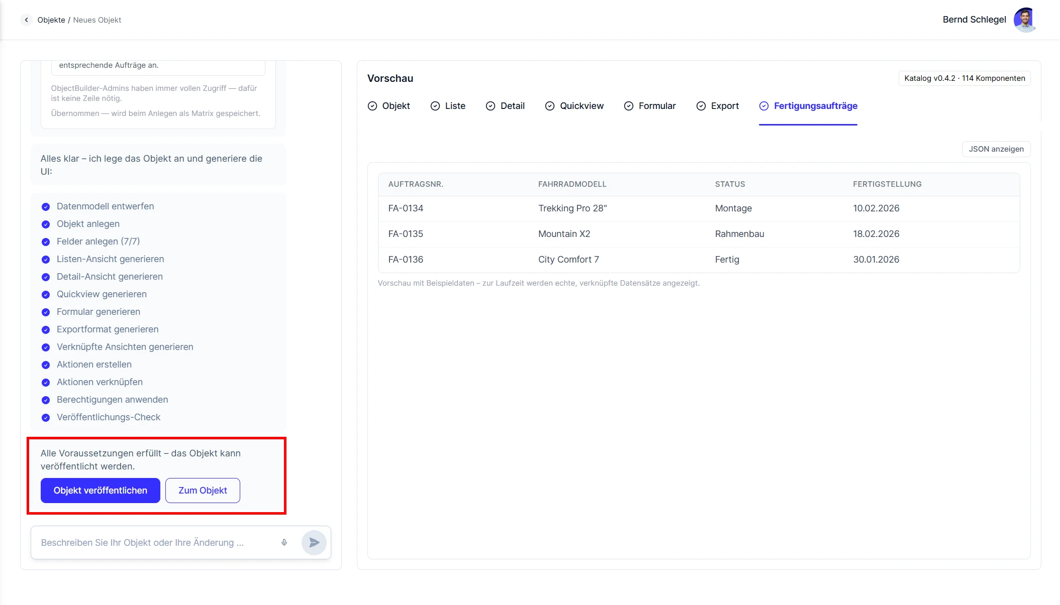 Object Builder Generierung abgeschlossen und Objekt veröffentlichen