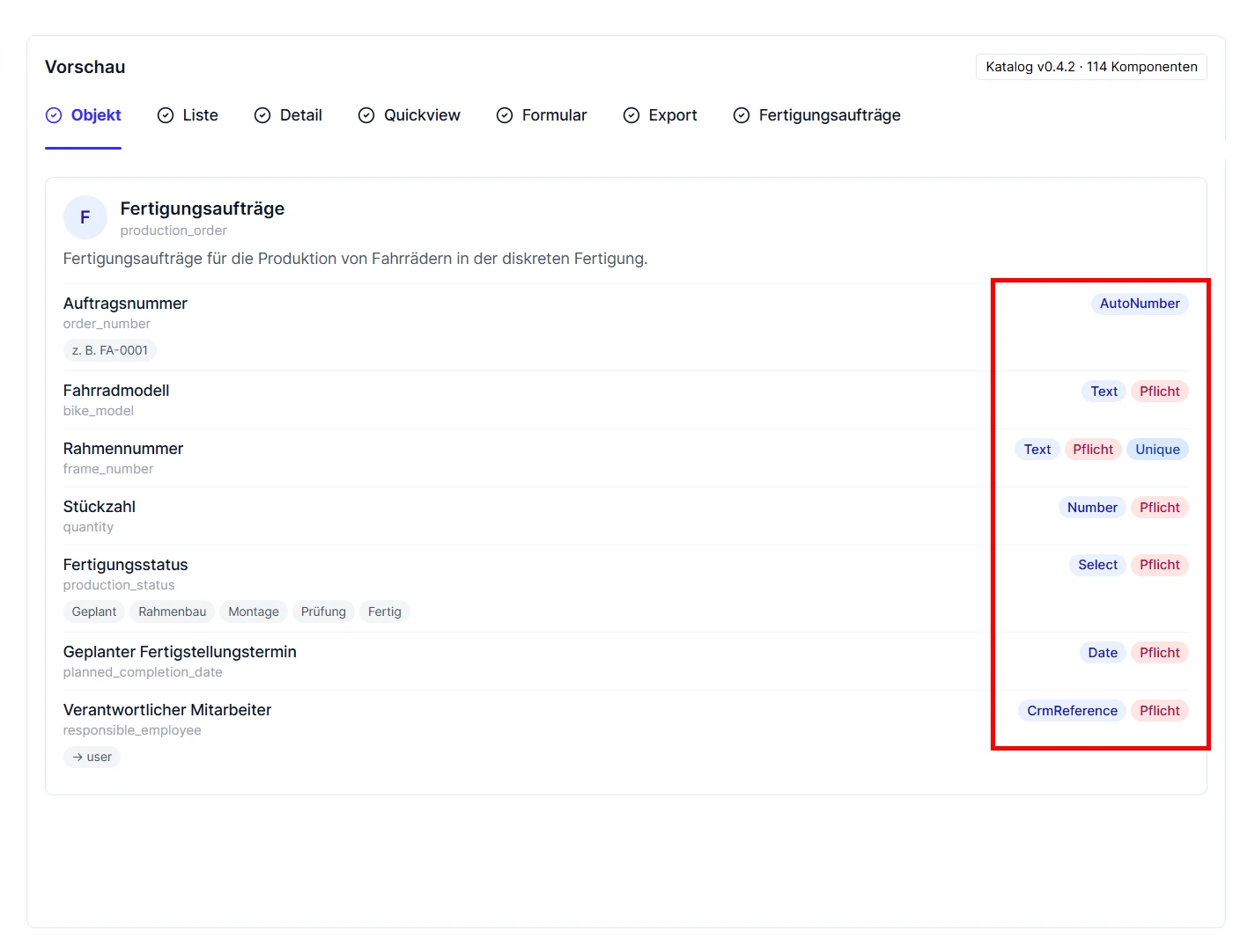 Object Builder Generierung Datenfelder