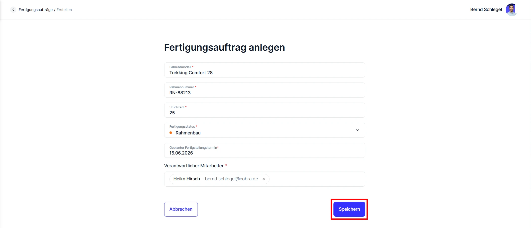 Fertigungsauftrag im generierten Formular erfassen