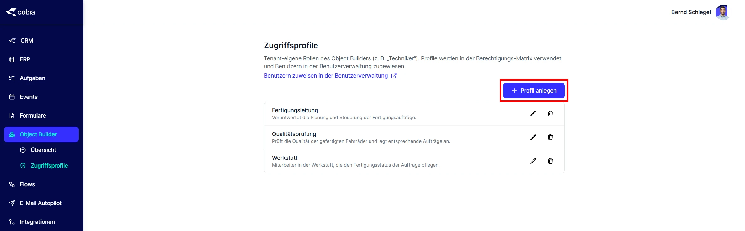 Object Builder Zugriffsprofile verwalten