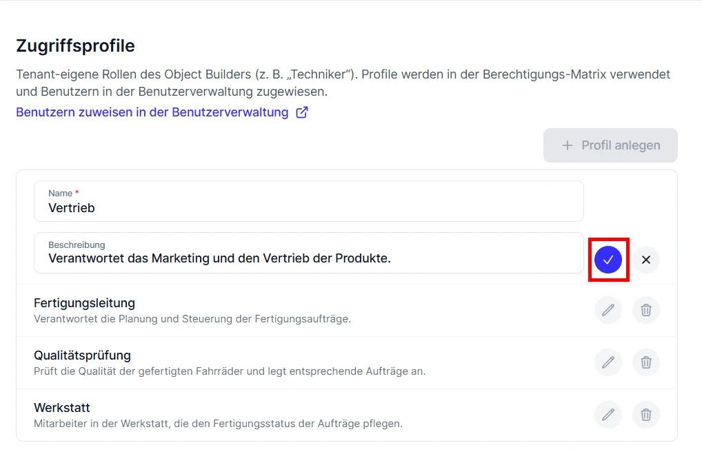 Object Builder Zugriffsprofile neu anlegen Beispiel