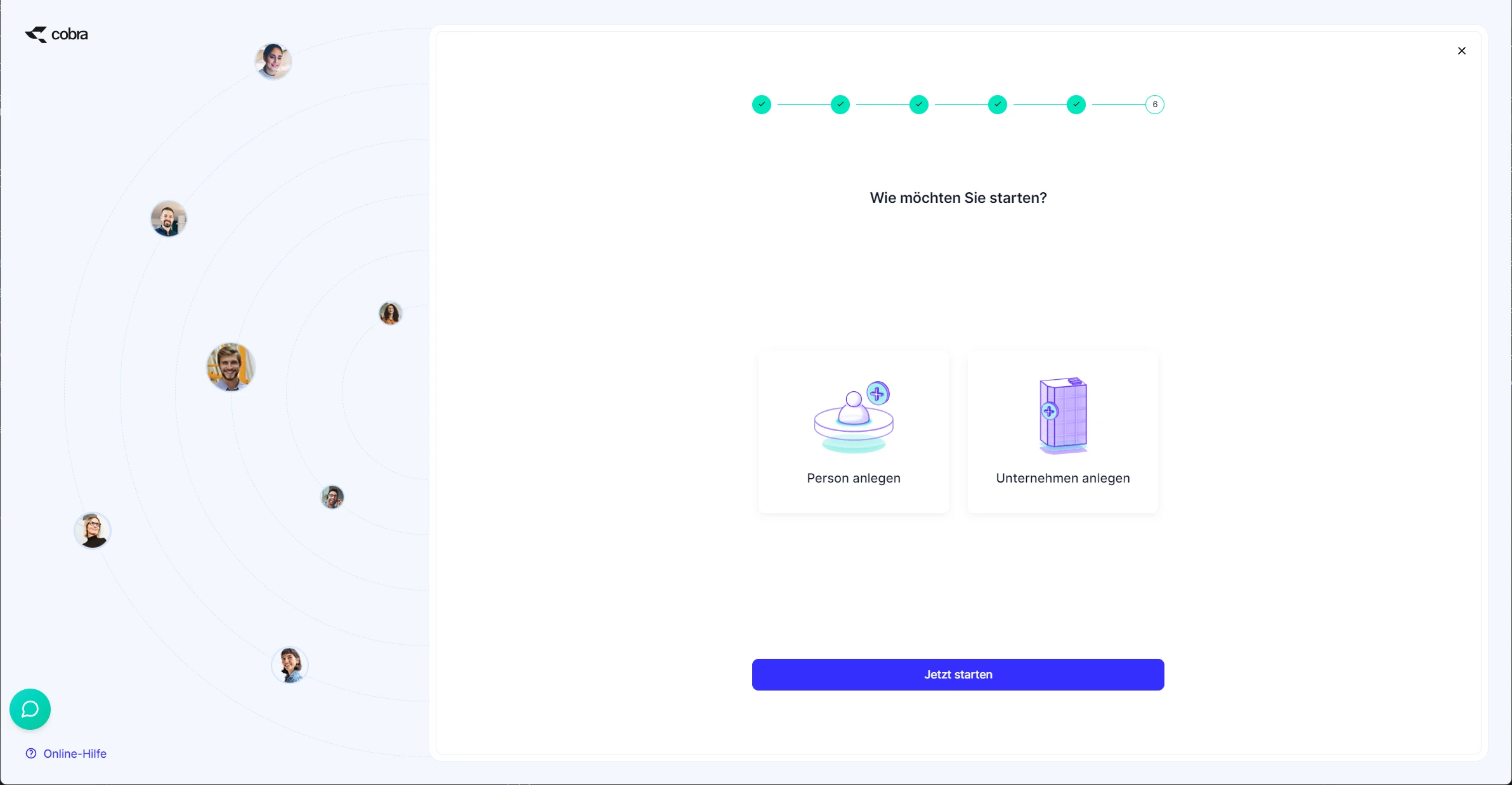 CRM Cloud erste Anmeldung Onboarding Profil Starten Personen Unternehmen