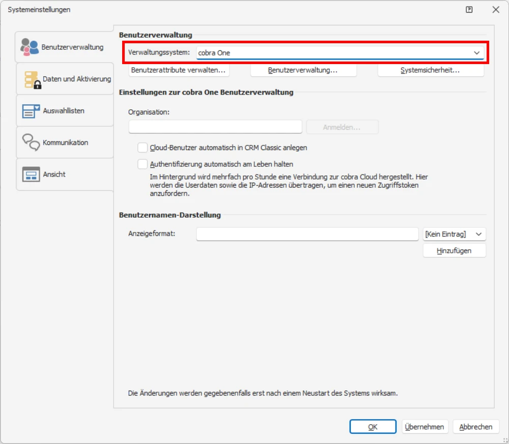 CRM Cloud cobra One Login Benutzerverwaltung