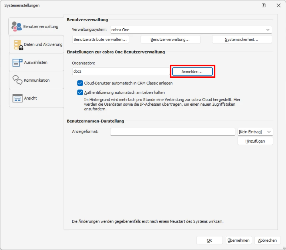 CRM Cloud cobra One Login Benutzerverwaltung Anmelden