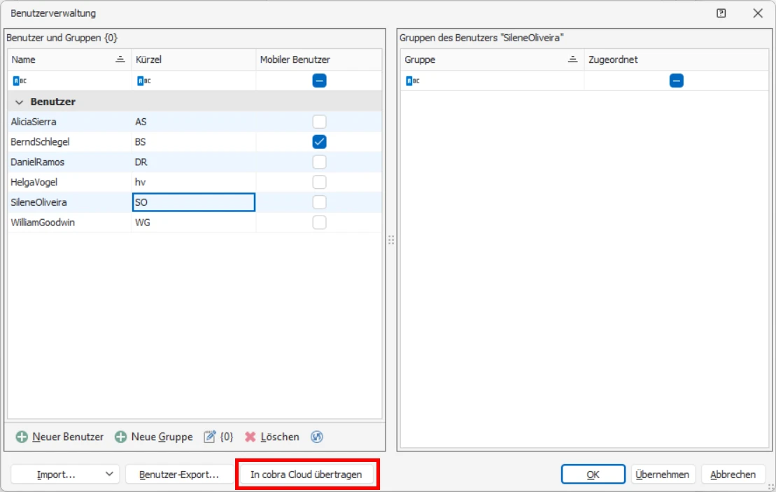 CRM Cloud cobra One Cloud Benutzer uebertragen